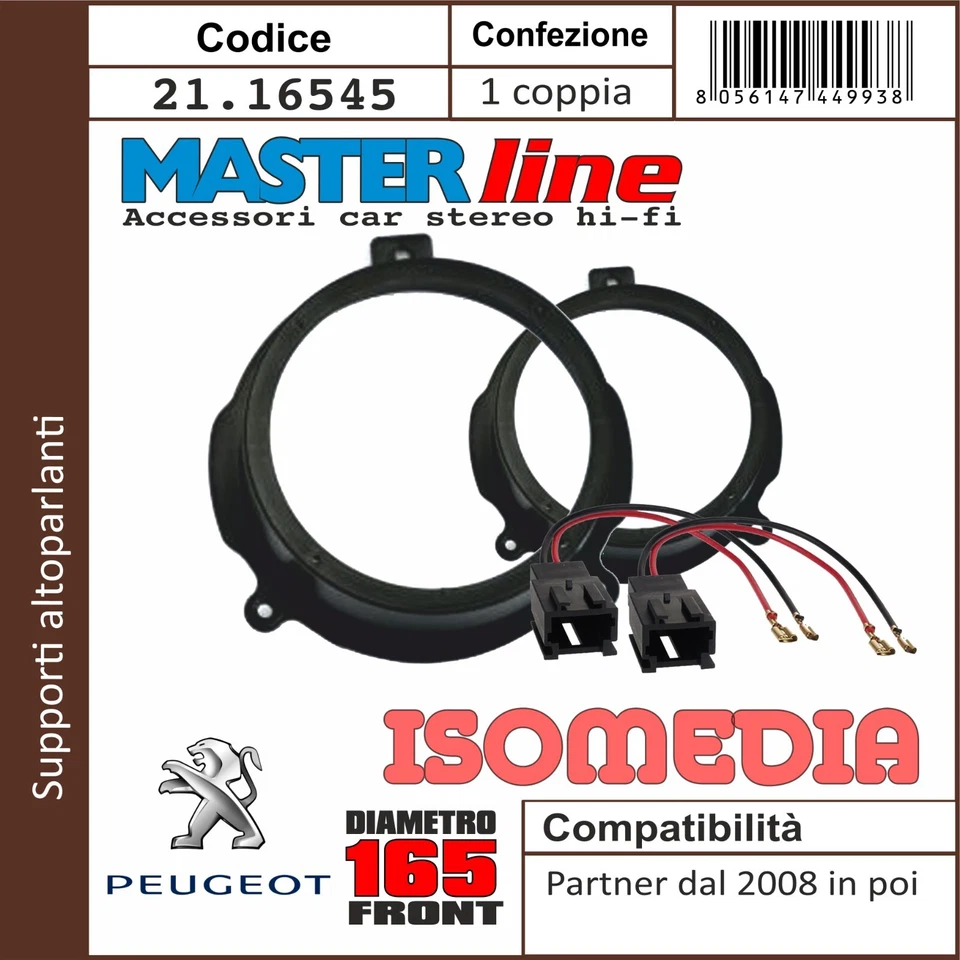 SUPPORTI ALTOPARLANTI ANTERIORI 165MM PER PEUGEOT PARTNER 2008 IN POI + CONNETT - Immagine 3 di 4