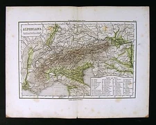 1865 Sydow Physical Map - Alpenland Europe Alps Switzerland Austria Italy France