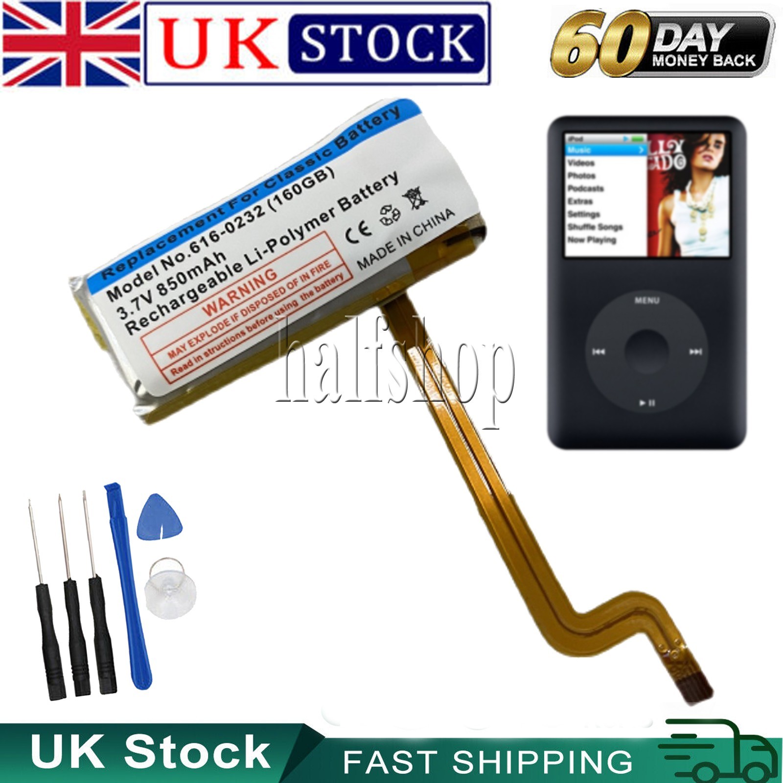 3.7V Battery for Apple iPod Video 160GB MA003X/A 616-0232 696-0106 B5LAA 850mAh