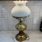 Vintage UNDERWRITERS LABORATORIES Brass Hurricane Lamp w/Hobnail Milkglass Shade