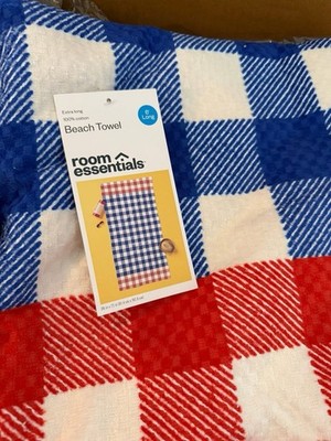 72 X 36 Room Essentials Gingham Beach Towel NWT Blue Red Cotton Terry
