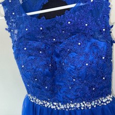 Royal Blue Lace Tulle Dress Beaded Waist Padded Prom Formal Party Gown
