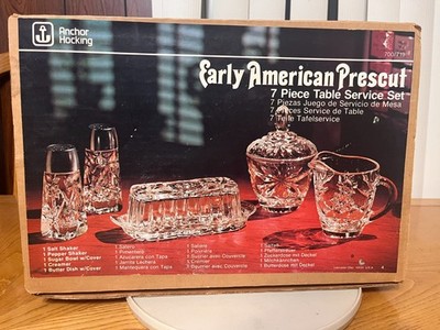 VINTAGE ANCHOR HOCKING EARLY AMERICAN PRESCUT 7 PIECE TABLE SERVICE ORIGINAL BOX
