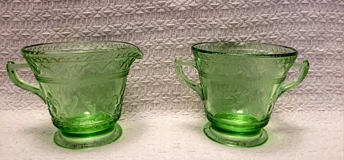 Vintage Beautiful Patrician Pattern Sugar and Creamer Uranium Depression Glass