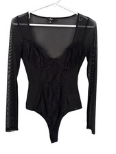Lulus Bodysuit Size XS Stay Sultry Mesh Lace Long Sleeve Sheer Black Elegant