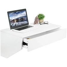 White wall mounted desk with 28 inch surface and pull out drawer, floa