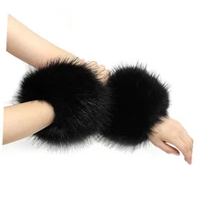  Women's Faux Fur Wrist Cuffs Winter Fox Furry Wristbands Fluffy Fur Cuff Black