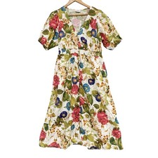 Sussan Dress Womens 12 Multicolour Floral Fit & Flare Midi Puff Sleeve Linen