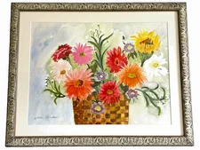 Still Life Flowers in a Basket Watercolor Painting Signed Kathleen D. Bachner
