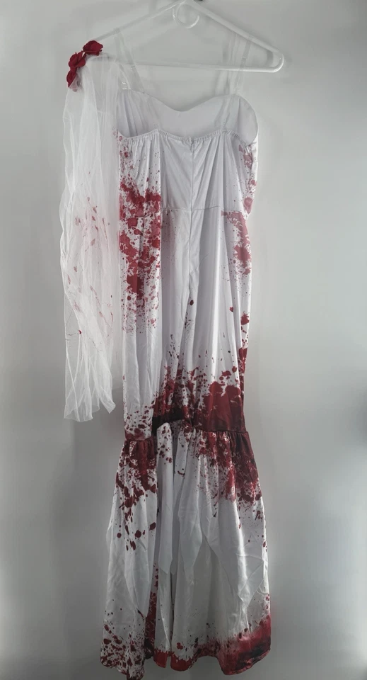 Mujer Zombie Novia Disfraz, Vestido Cola de Pez Sangriento Velo Grande (12-14) con Mancha Foto 2 de 4