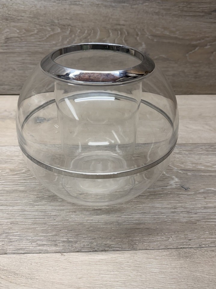 Vintage MCM Glass Spherical Ice Bucket Chrome Trim Mid Century Modern Orb Chrome
