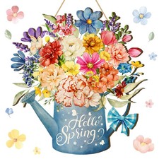 Hello Spring Door Sign, Flower Door Hanger Wreath, Wooden Hanging Decor, Rust...