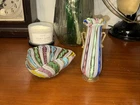 Vintage Murano Italian Zanfirico Latticino Garza Multicolor Folded Bowl & Vase