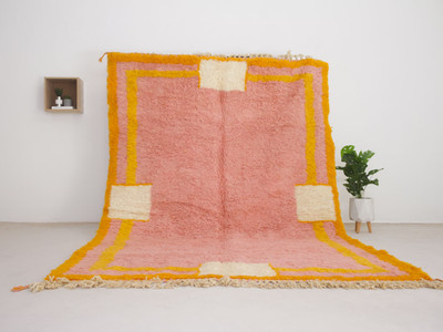 New Moroccan Berber Beni Ourain Wool Rug Color Pink Multi Design Handmade Rug