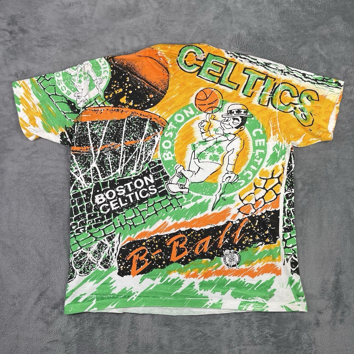 Vintage Boston Celtics Shirt Men XL ALL OVER PRINT 90s Bootleg NBA 