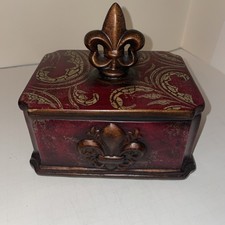 Hobby Lobby Resin Decorative Box with Lid Fleur-de-Lis, Dk Red Gold Accents