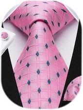 Pink Ties for Men Plaid Men's Silk Tie and Pocket Square Cufflinks Set Classi...