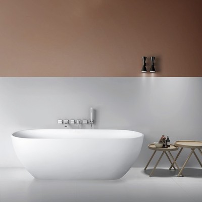 68.9''Solid Surface Freestanding Bathtub Oval Soaking Tub W/Overflow Pop-up Drain