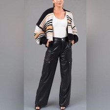 Haute Monde Women s Black Faux Leather Straight Leg Cargo Pants Size Medium
