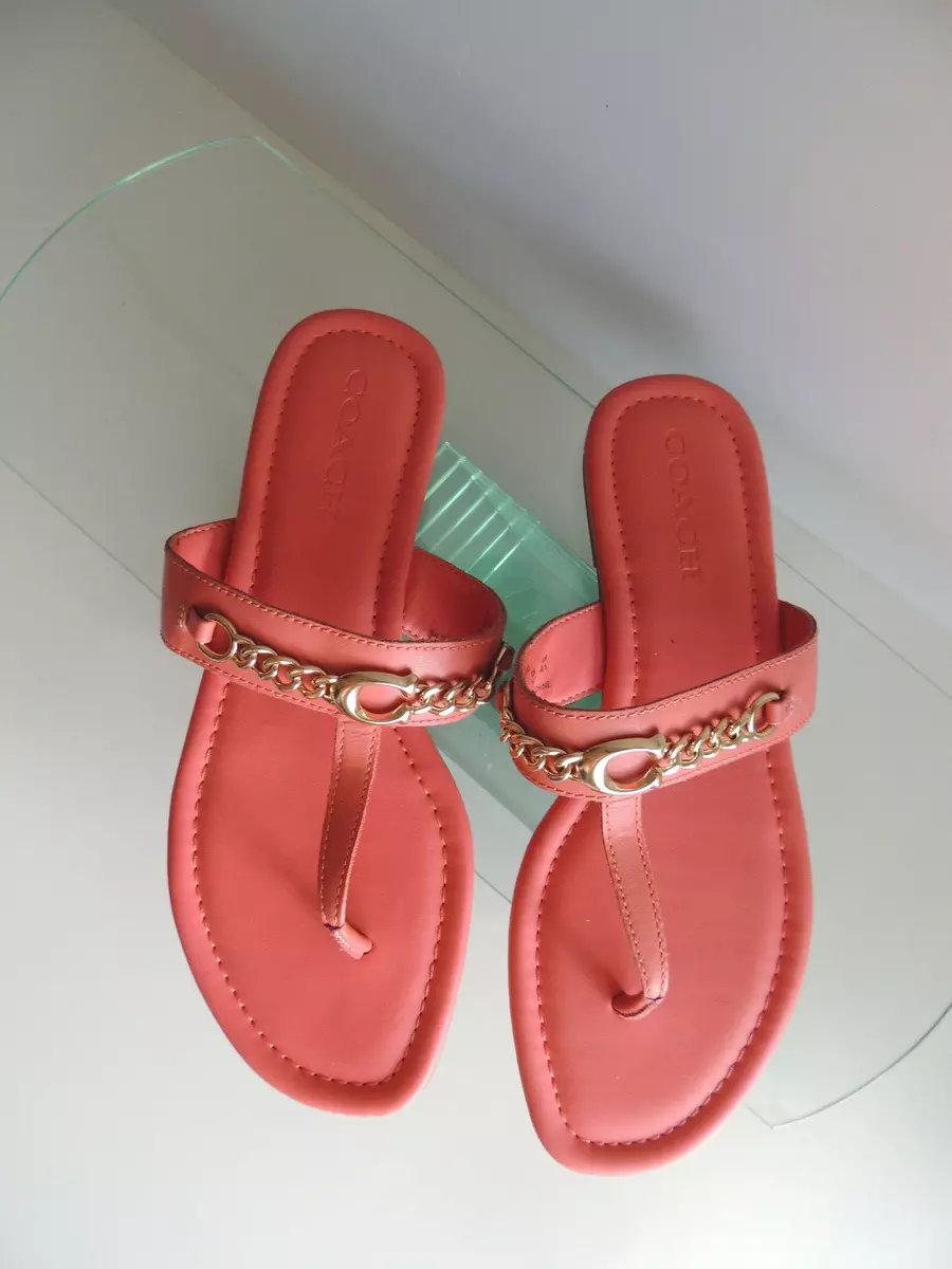 Coach Jaclyn Leather Thong Sandal Coral CHAIN LOGO Sz 10B 188