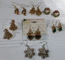 Earrings Gold Tone Christmas Holiday Pierce Lot Of 7 Jewerly Tree Star Wreath 