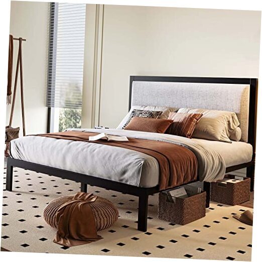 Queen Bed Frame with Tall Upholstered Headboard, Metal Structure, Wood Slat