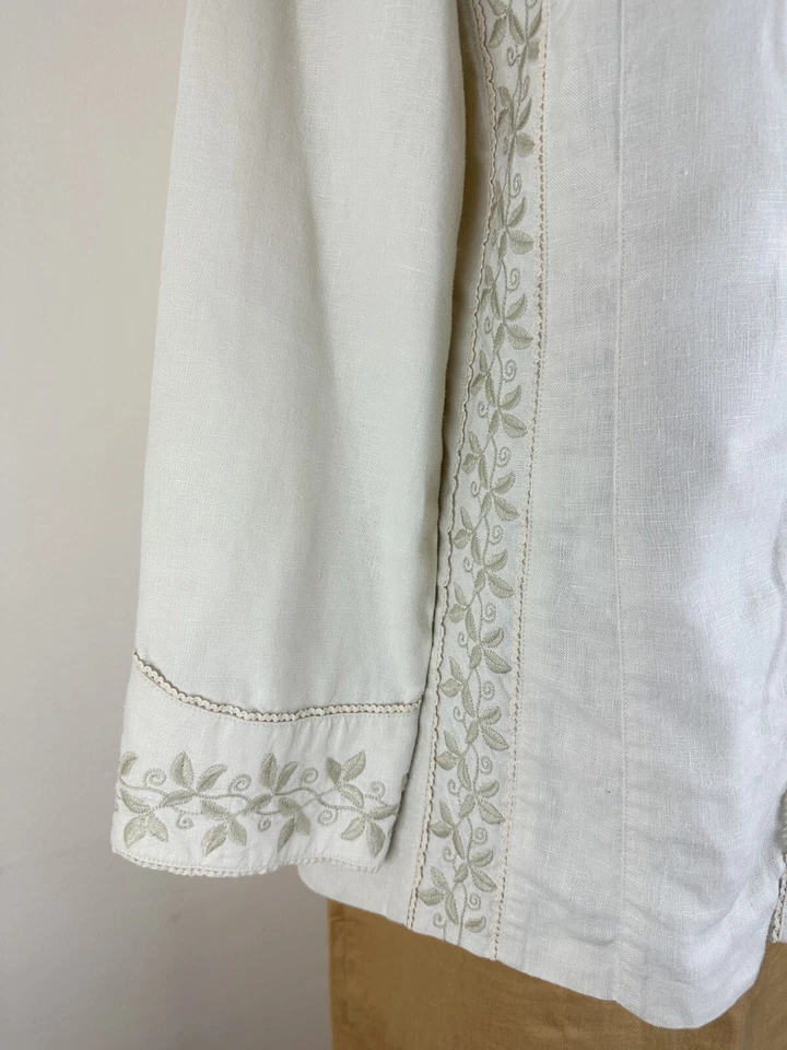 J. Jill Women's M Beige Linen Jacket, floral embroidery, shell buttons, elevated - Image 4 of 4