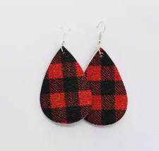Red  Black Buffalo Plaid Double Sided Print Faux Leather Tear Drop Earrings NEW