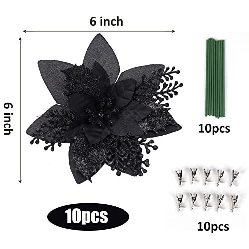 Christmas Tree Ornaments 10Pcs Glitter Poinsettia,Artificial Poinsettia Black - Picture 2 of 7