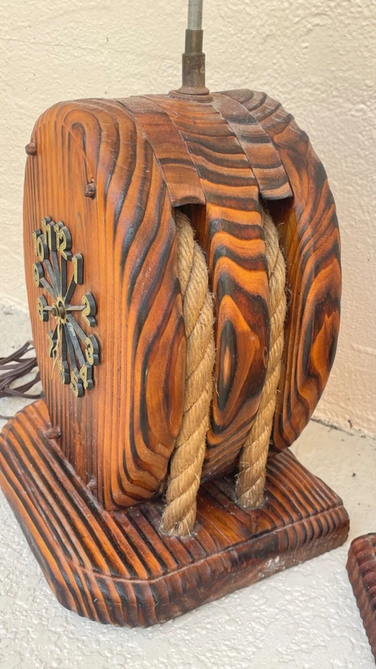 2 Vintage Wood Ship Pully Rope Lamp Clock Pair Nautical Beach Cabin Decor Shabby - Image 3 of 4