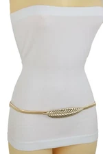 Women Gold Metal Stretch Waistband Narrow Fashion Belt Attractive Leaf Fit S M L