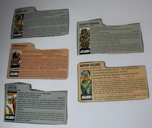 5 Vintage GI Joe File Card Lot 1982 Mortar Soldier 1983 Fighter Pilot + 3 Others