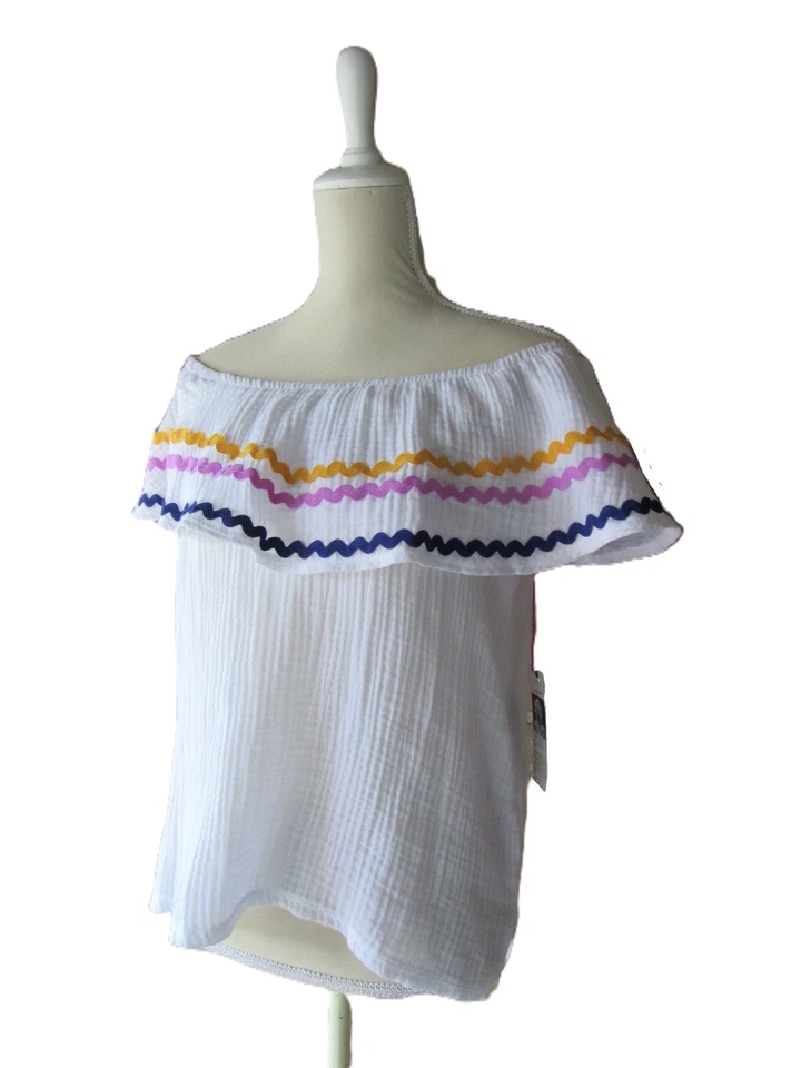 Top Fuera del Hombro Mujer L Blanco Gibson x Hi Sugarplum! Santa Fe Rickrack Foto 2 de 4