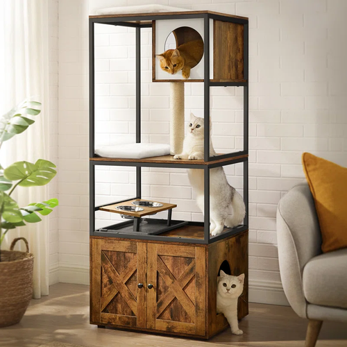 58" Cat Condo with Litter Box Enclosure & Elevated Bowls