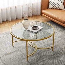 Round Glass Coffee Table for Living Room with Golden Metal Frame Glass Top