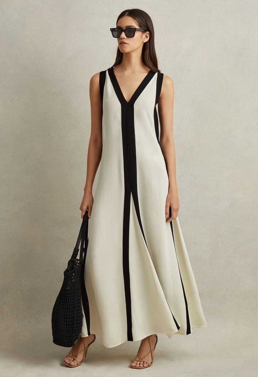 REISS Rae Colourblock Maxi Dress in Black/Cream | eBay