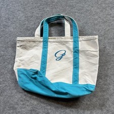 Vintage L.L. Bean Boat  Tote Canvas Blue Cream Bag Top Handle Embroidered