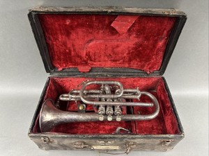 Rare Vtg 1900s Taylor & Horn “The Chicago” SILVER Cornet In Original Case As-Is