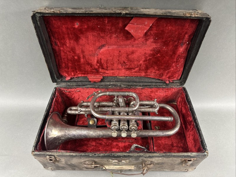 Rare Vtg 1900s Taylor & Horn “The Chicago” SILVER Cornet In Original Case As-Is