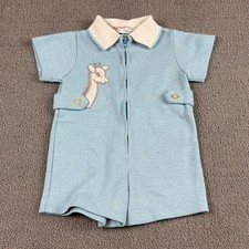 Vintage 60s/70s Health-tex Stantogs Baby Romper  Blue Giraffe Knit  12M