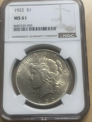 1922 Peace Silver Dollar NGC MS61 Light Surface Toning Beautiful Coin 90% S $1
