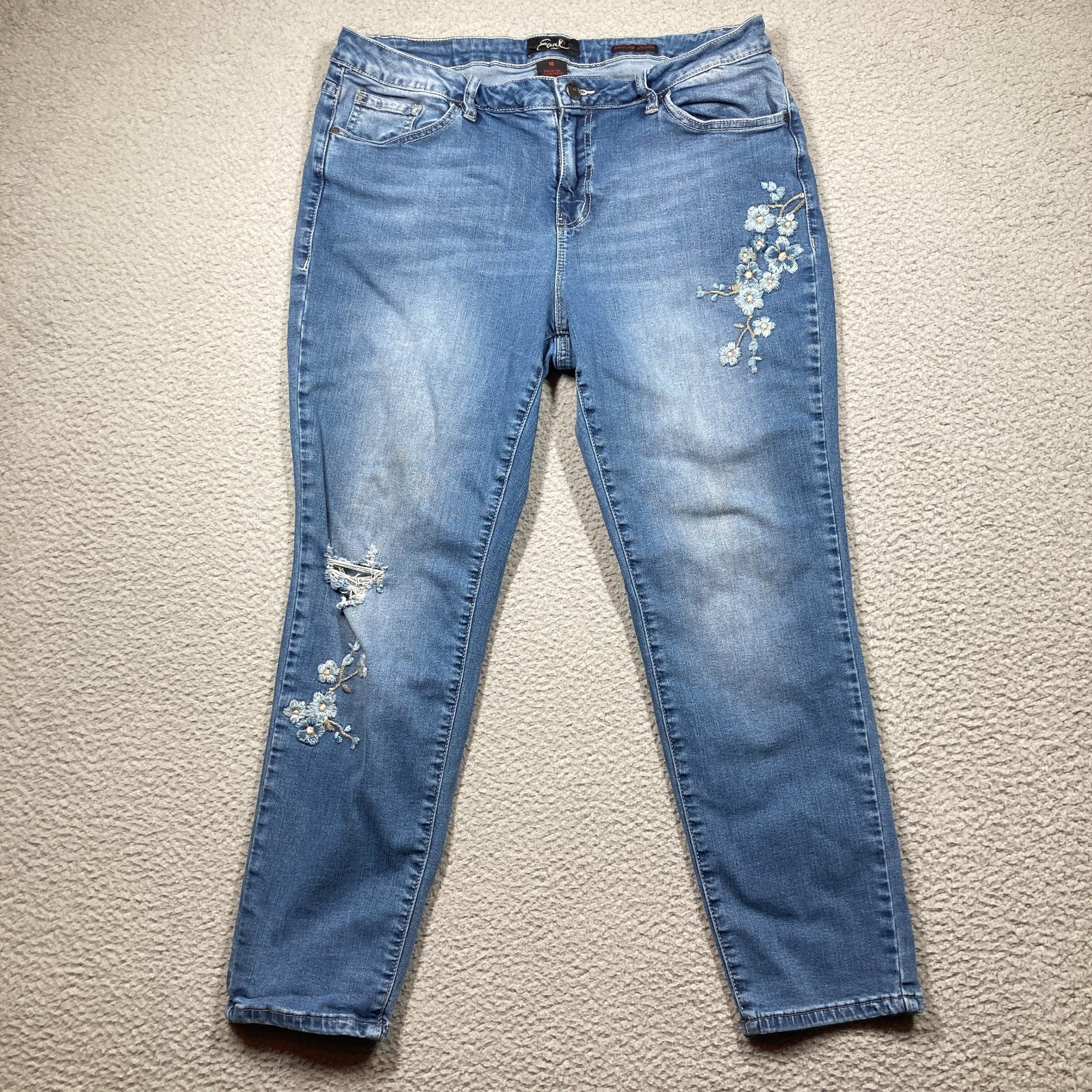 Earl Jeans Women's 16 Blue Skinny Ankle Embroidered Distressed Stretch Mid Rise