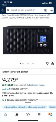 CYBERPOWER SYSTEMS (USA), INC. PR5000LCDRTXL5U SMART APP 5000VA RM 208V L6-30