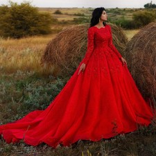 Gorgeous Red Lace Wedding Dress Crew Neck Long Sleeves Pearls Sparkly Bride Gown