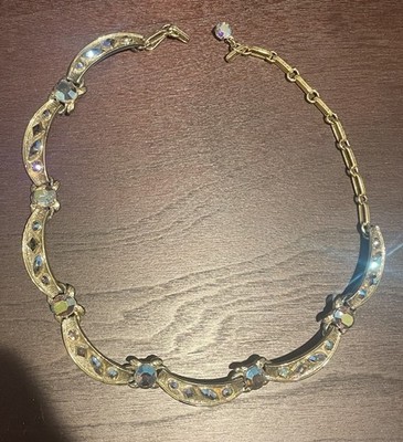 Coro Gold Tone Clear Crystal Bar Link Chain Necklace Hook Closure Signed
