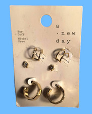 A NEW DAY 3 Pairs Goldtone Earrings New with Tags 1 Cuff 1 Petite Stud 1 Huggie