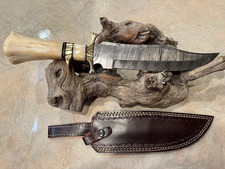 Extra Large Damascus Steel Bowie knife w Bone handle leather sheath