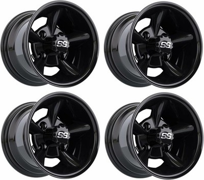 GTW Godfather 10 inch Gloss Black Aluminum Golf Cart Wheel | 3:4 Offset | Set 4