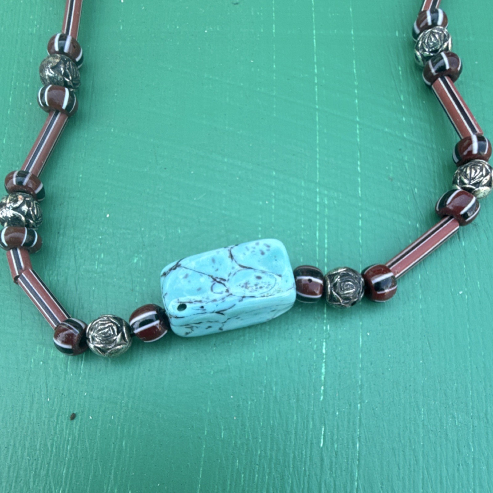 Beaded Necklace Turquoise Rectangular Stone Brass… - image 2
