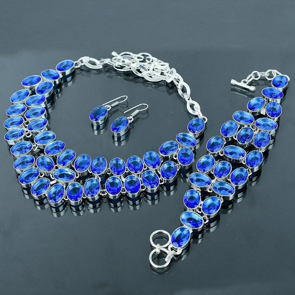 Faceted Tanzanite Quartz Oval Shape Gemstone Handmade Gift Jewelry Necklace Set - Image 4 of 4